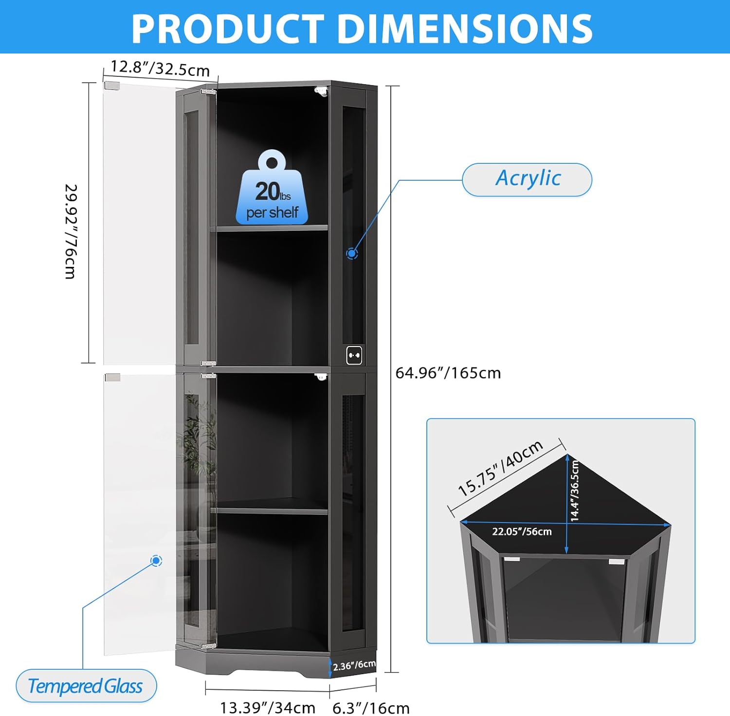 65 Corner Glass Display Cabinet with LED Lights, 4-Tier Showcase Display Case with Glass Doors & Human Body Sensor for Collectibles, Liquor, Black