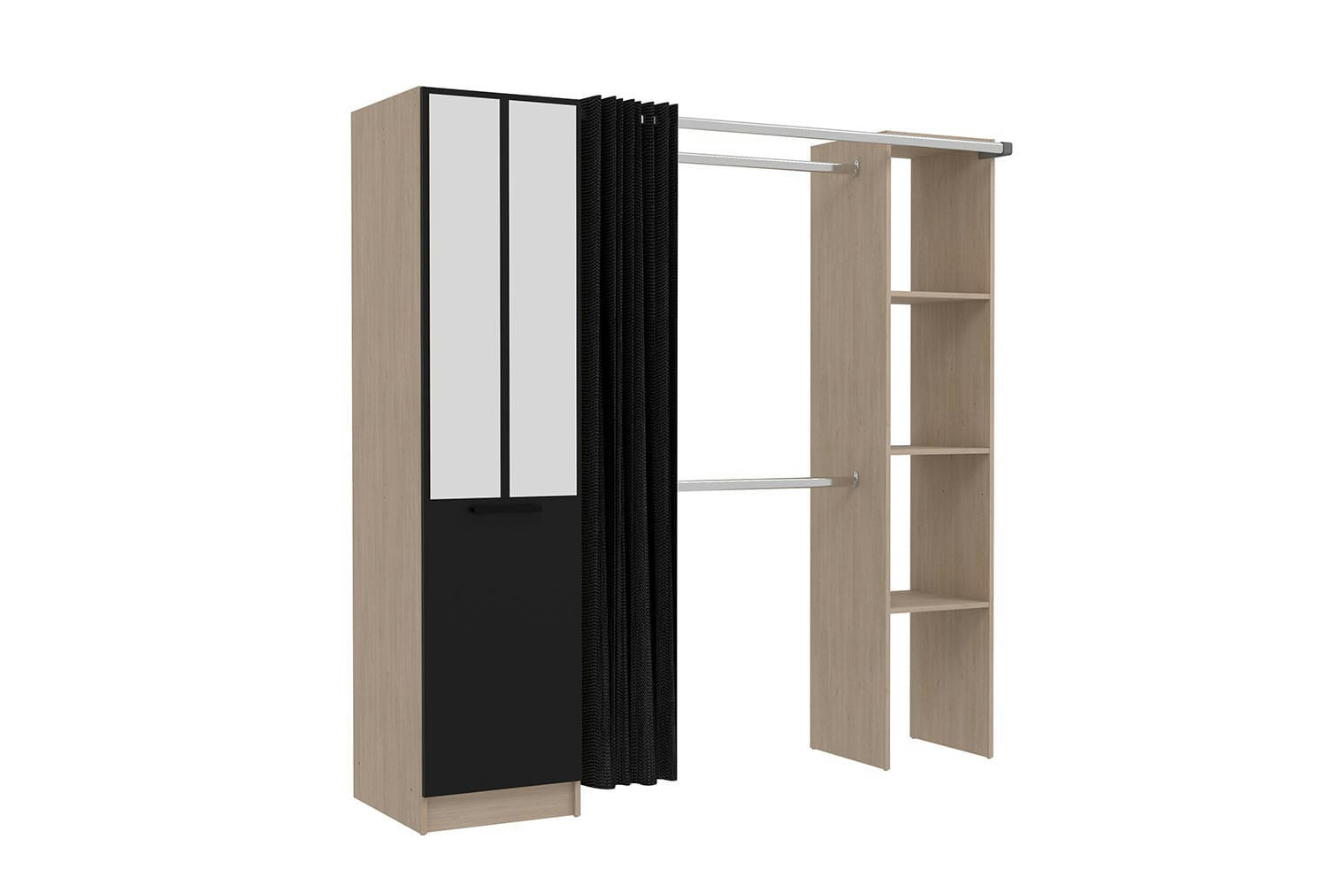 NICE - Dressing industriel bois avec rideau noir et 2 penderies et 6 étagères
