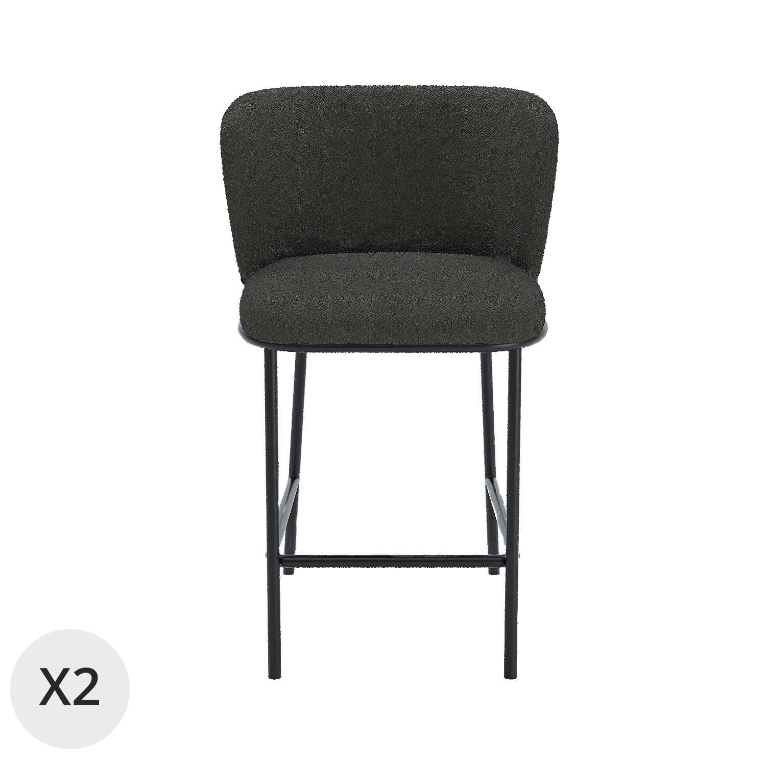 CÉSAR - Lot de 2 tabourets de bar tissu bouclé gris foncé