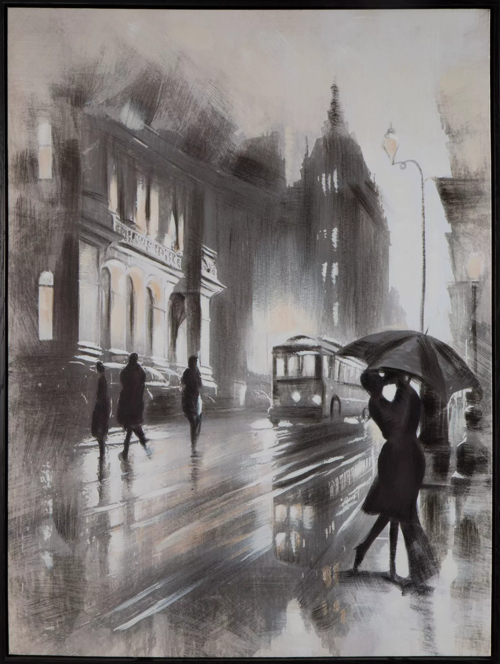 Obraz miasta biało, popielaty ręcznie malowany na płótnie oprawiony w ramę 60x80 cm UMBRELLA