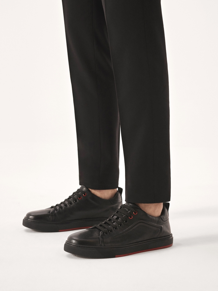 Leather black sneakers with perforation and red insert