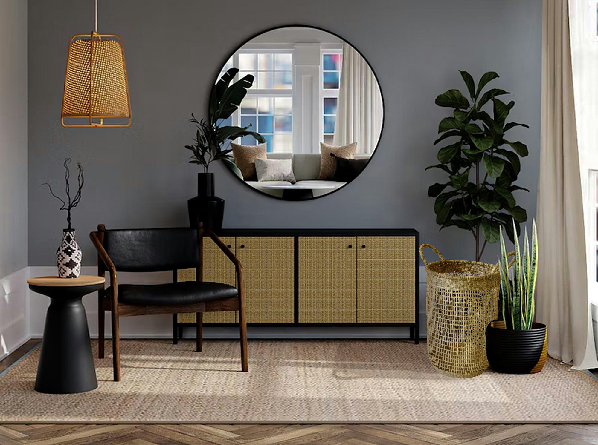 - Panier de rangement avec poignées en roseau naturel 30x24x51cm