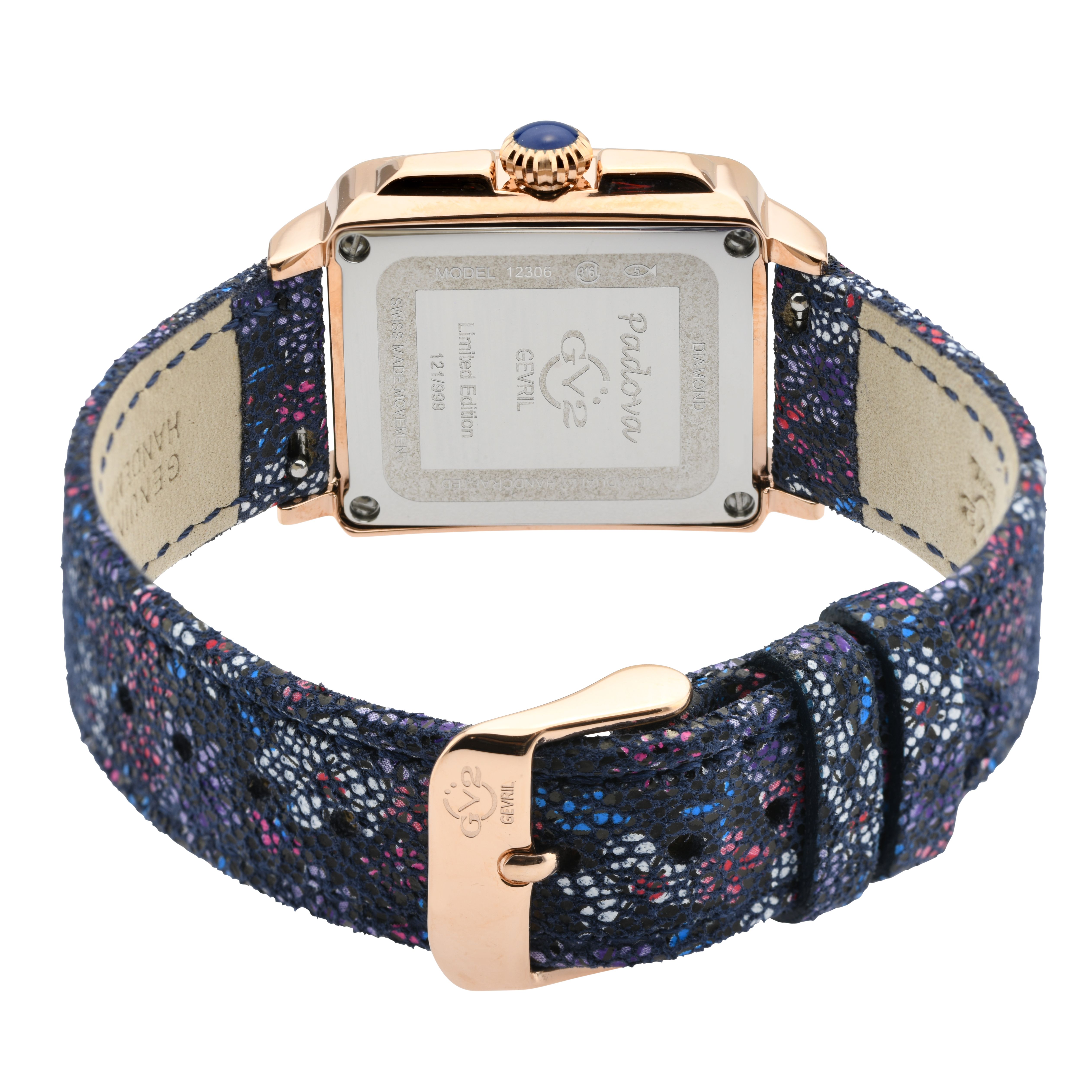 GV2 Padova Floral, Swiss Quartz Watch, MOP Blue Dial, Genuine Hand Made Italian Leather, and Sapphire Crystal