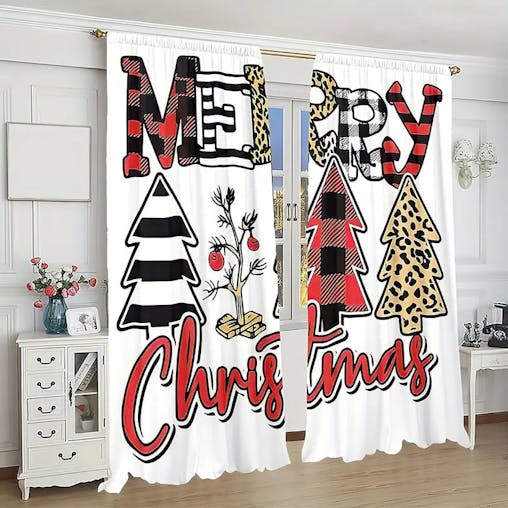 NNETM Snowy Serenity: 2PC Christmas Tree Farm Curtain Set with Snowflake Pattern