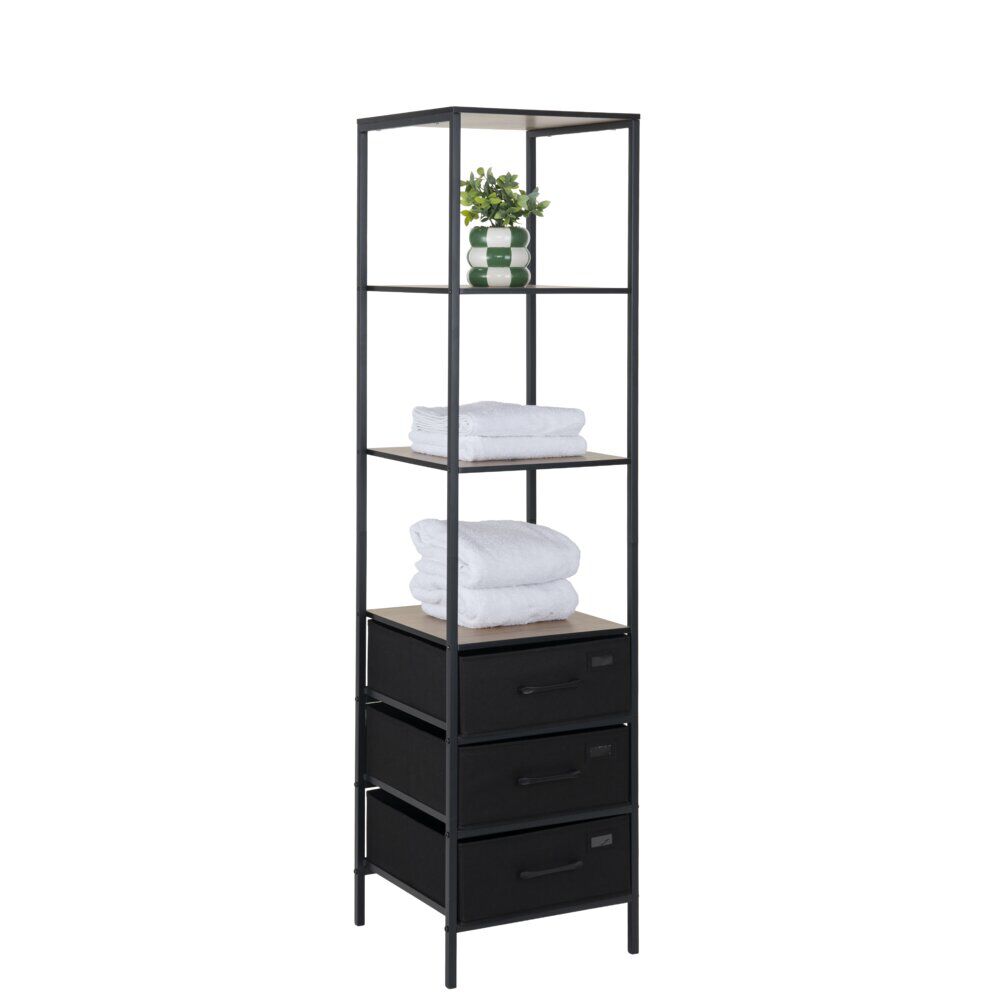 Colonne de rangement salle de bain 3 étagères 3 tiroirs métal noir 40x40xH167cm