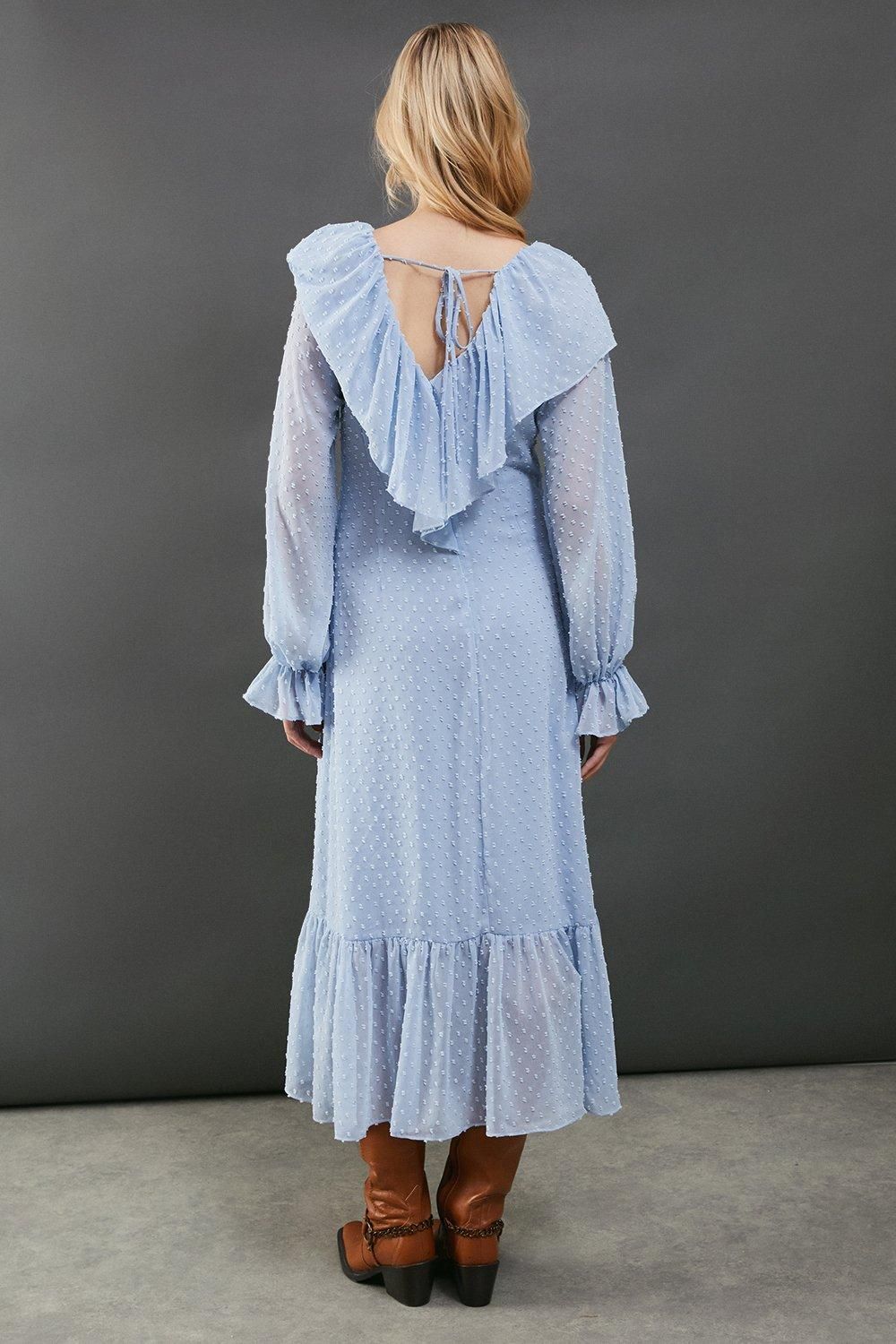 Warehouse Dobby Chiffon Ruffle High Low Hem Midi Dress