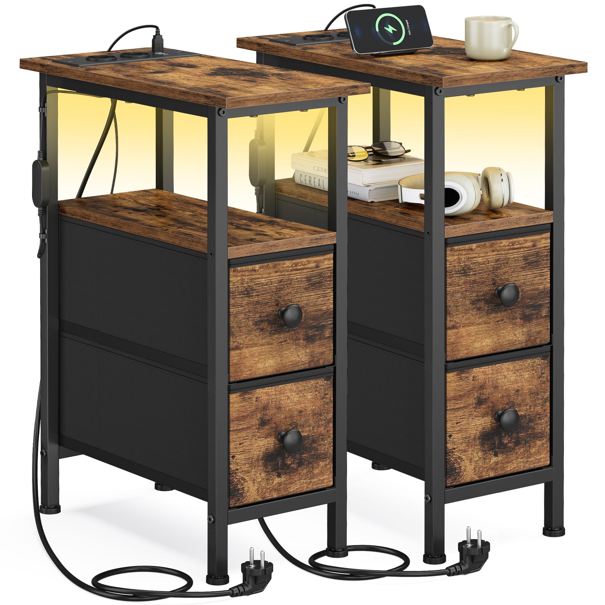 Table de chevet avec multiprise intégrée et éclairage LED
