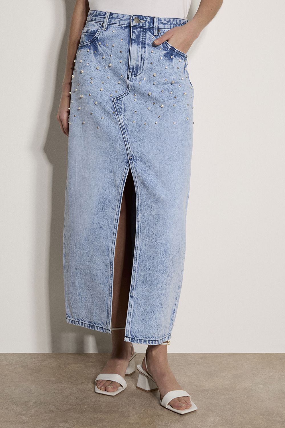 Apricot Amara Pearl Cotton Denim Midi Skirt