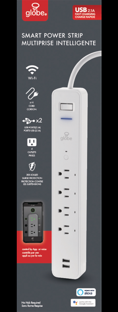 Globe 4-Outlet and 2 USB Port Smart Wifi Power Bar with Surge Protector, 4-ft  Cord, 300 Joules, Compatible with Alexa and Google Assistant, White