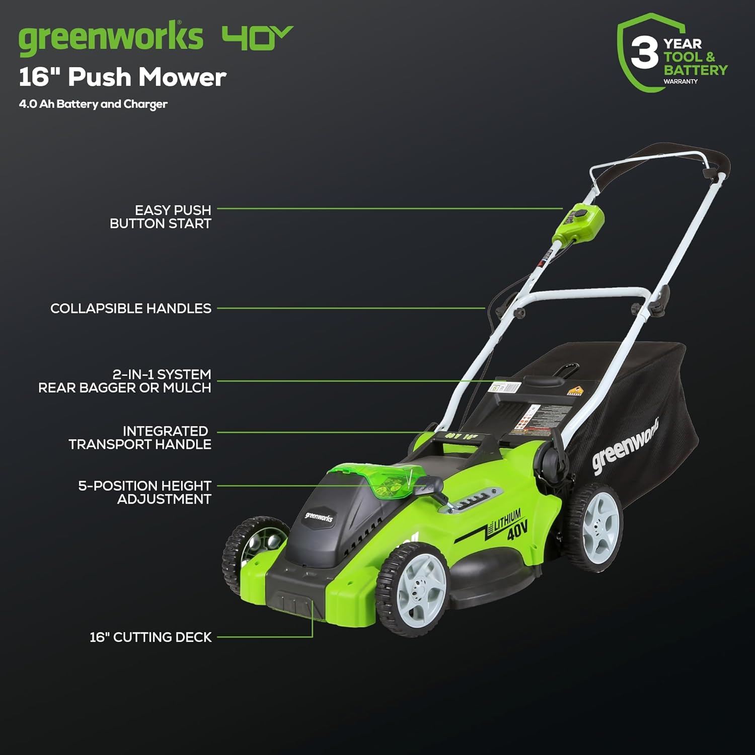 Greenworks 40V 16 Cordless Lawn Mower  Ultra-Light Push Mower with 4.0Ah Battery & Charger(75+ Tool Compatibility  45Min Runtime)