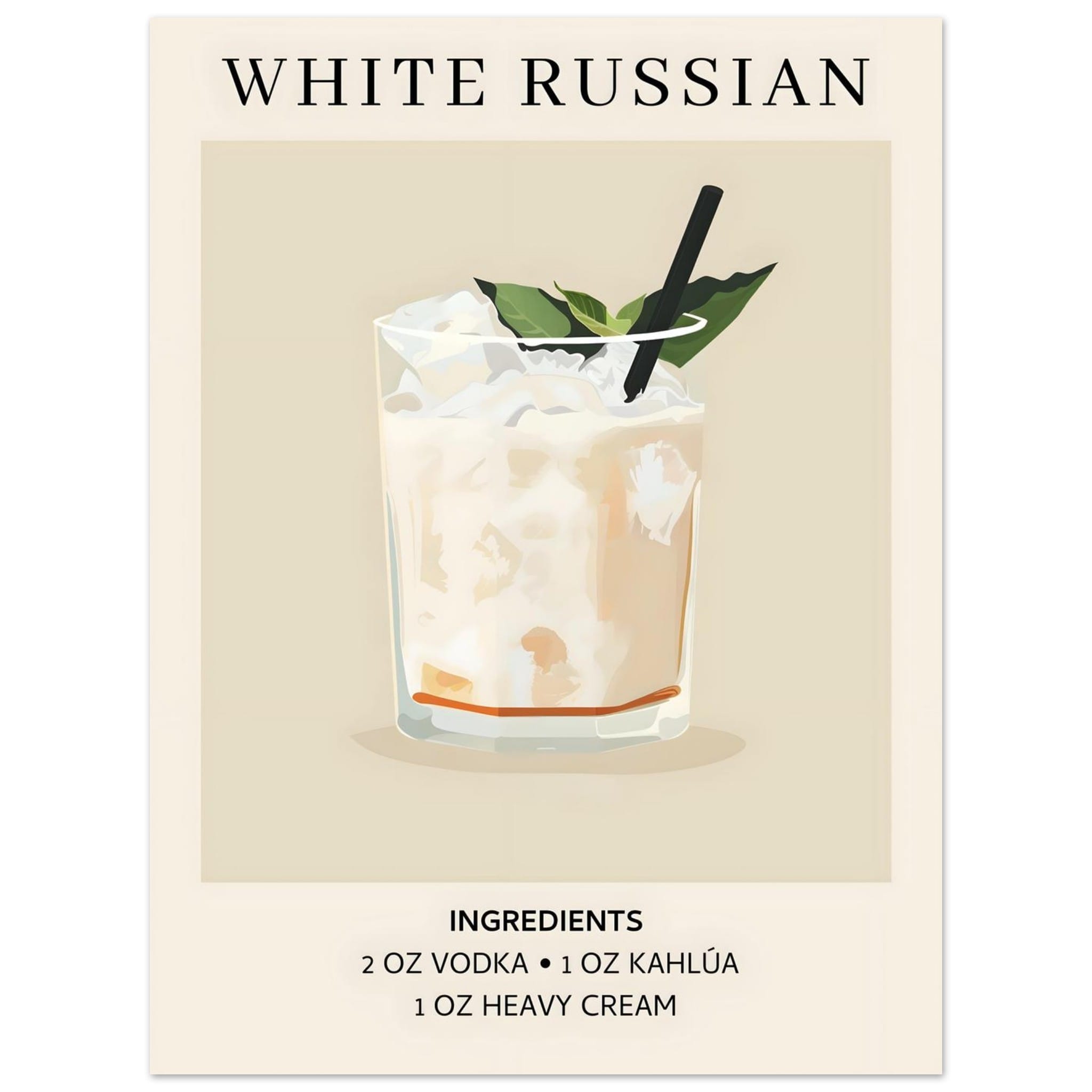 Artfulprints Poster White Russian cocktail - Ingrediënten  - 30x40 cm - Wit