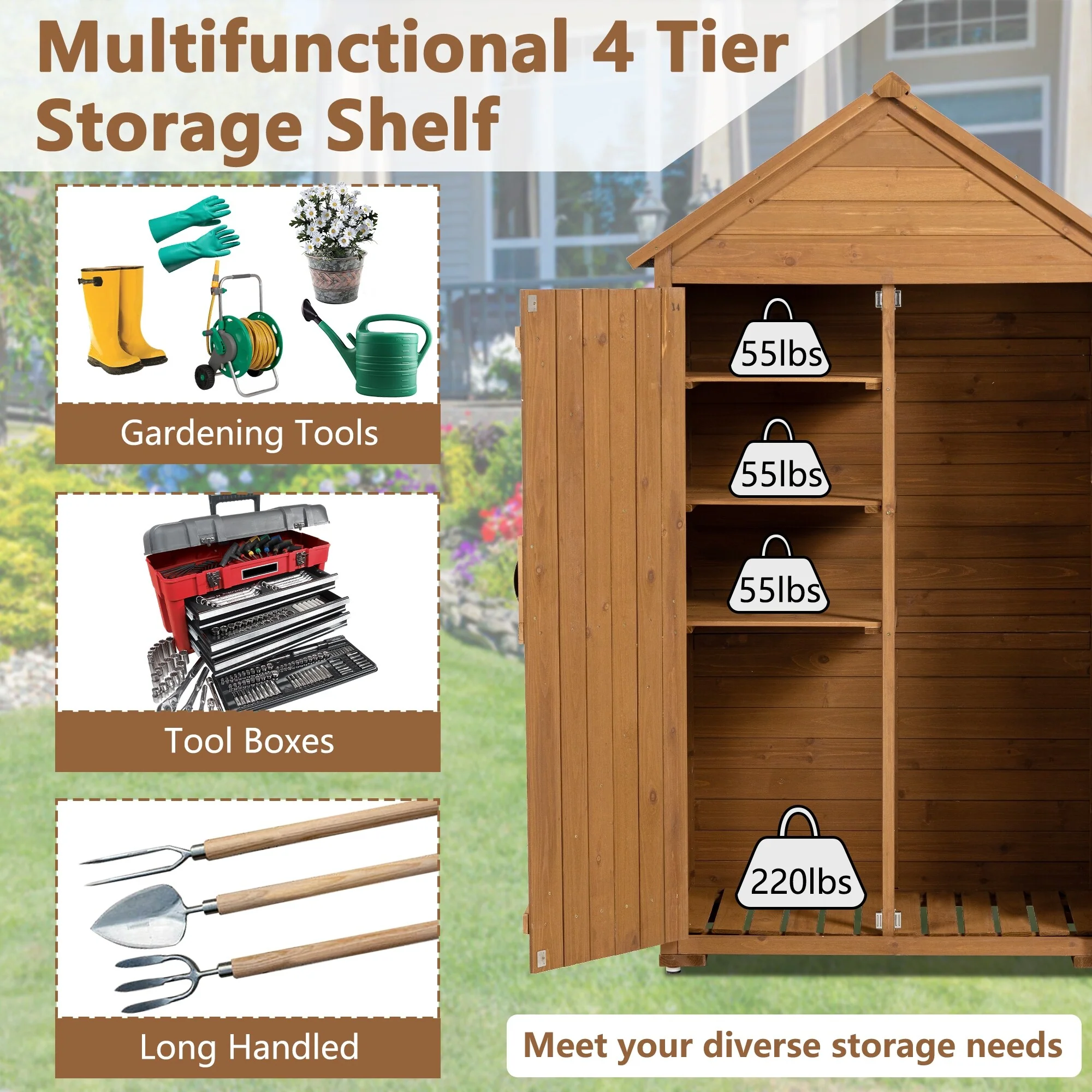 Outdoor Storage Cabinet with Removable Shelves, Wooden Closet Garden Tool Shed with Adjustable Feet, Waterproof Roof