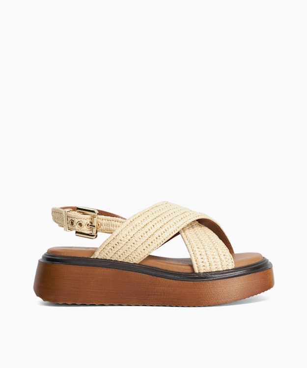 Lovess Ecru - Wooden Sole Raffia Flatform Sandals