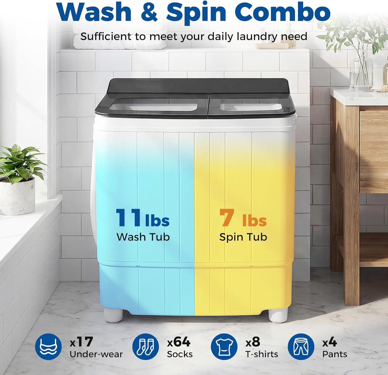 Giantex Portable Washing Machine, 18LBS Twin Tub Mini Compact Laundry Washer Spinner Combo with Drain Pump, 11Lbs Washer and 7Lbs Spinner for Apartments, RVs, Dorms, Gray+White