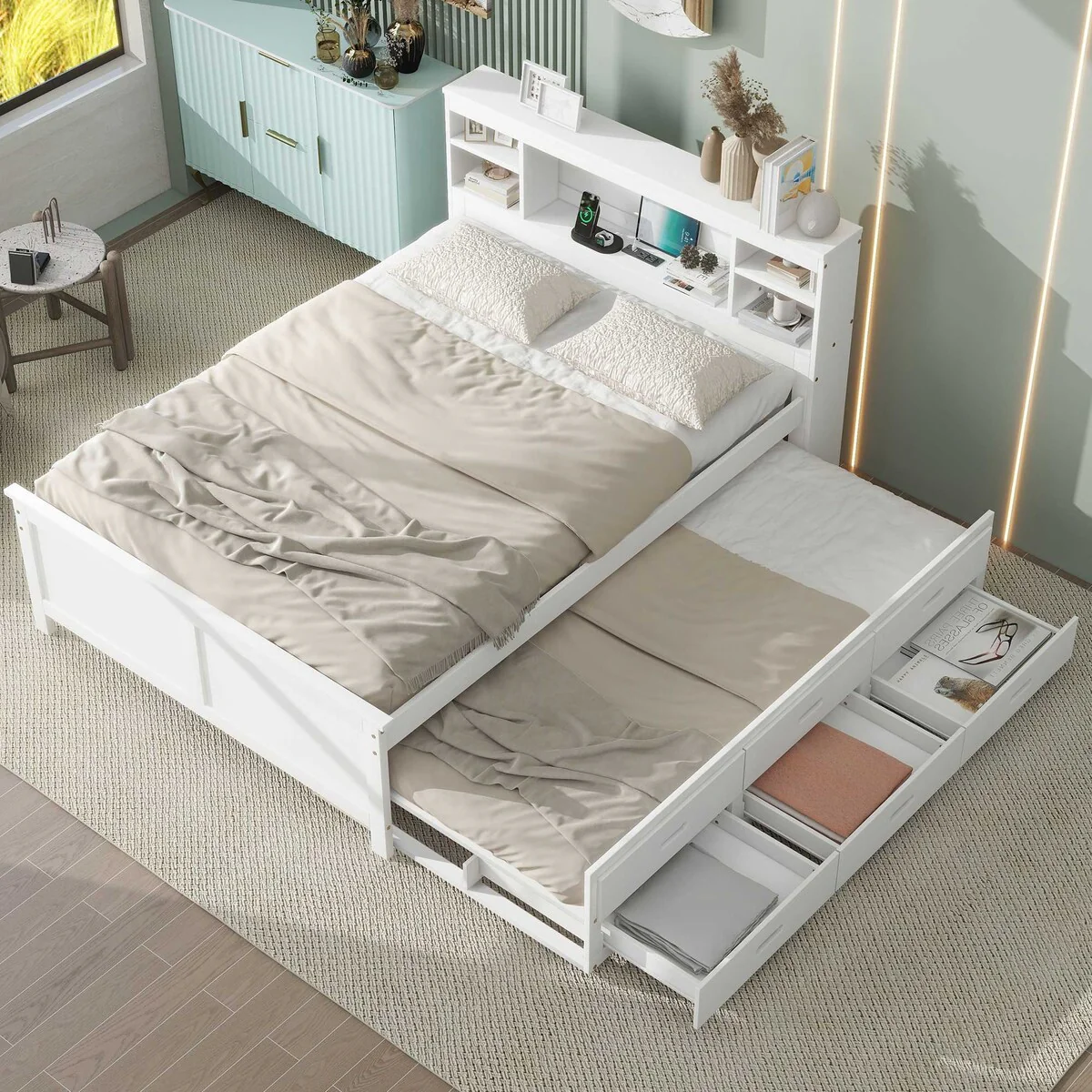 Full Bed Frame with Bookcase Headboard and Charging Station, Wood Captain Bed with Trundle and Storage Drawers