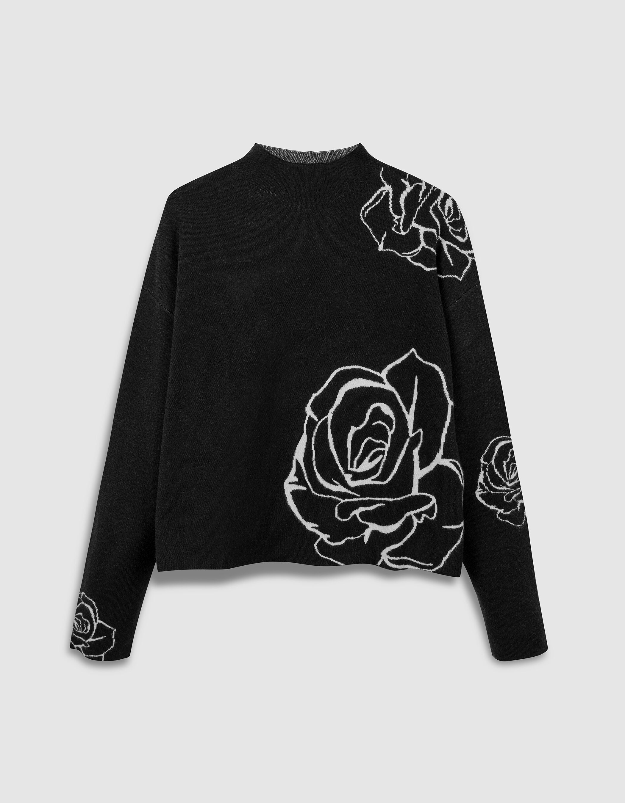 Pull col montant noir tricot jacquard motif roses femme