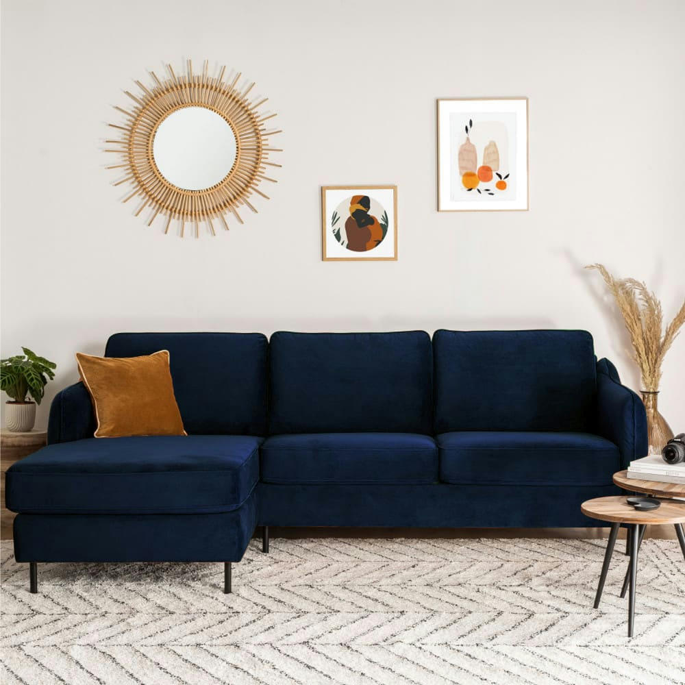 VORNAY - Canapé d'angle gauche convertible 3 places en velours bleu nuit