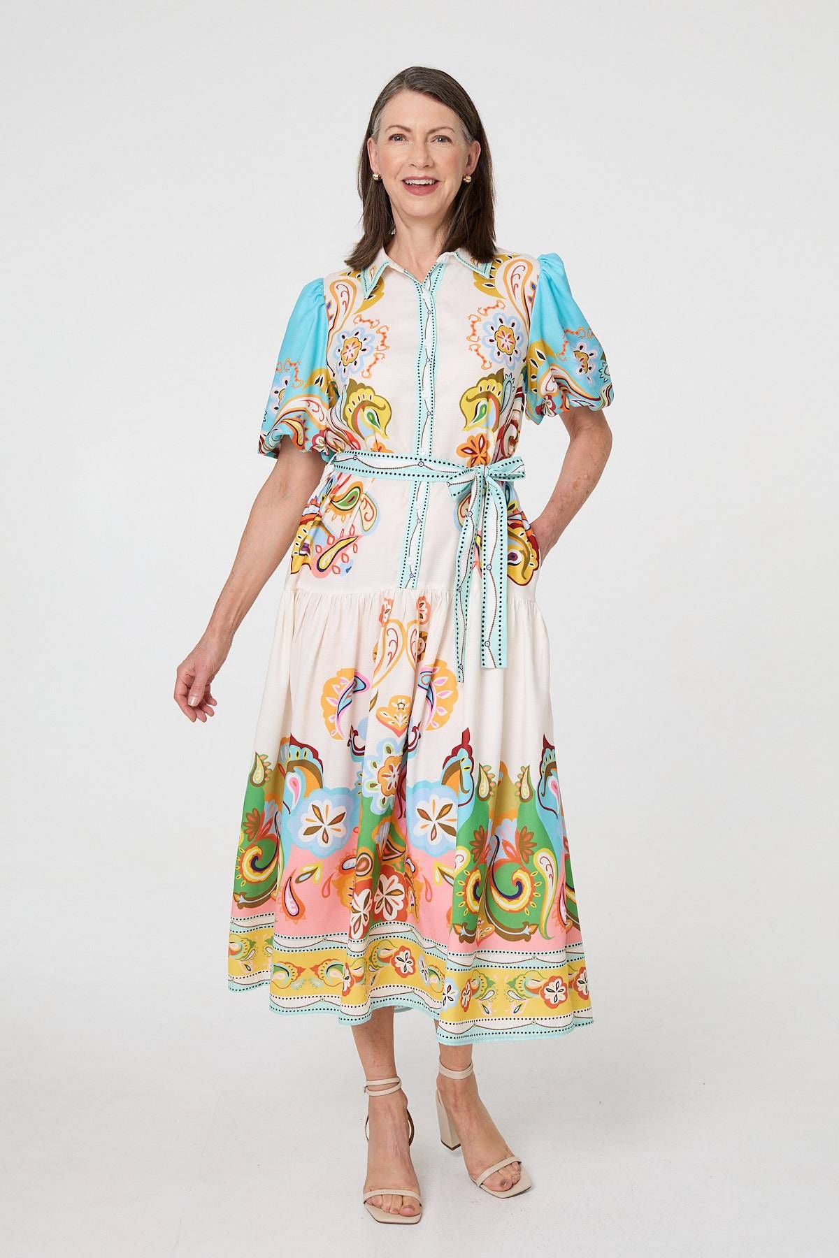 Izabel London Abstract Border Tie Waist Midi Dress