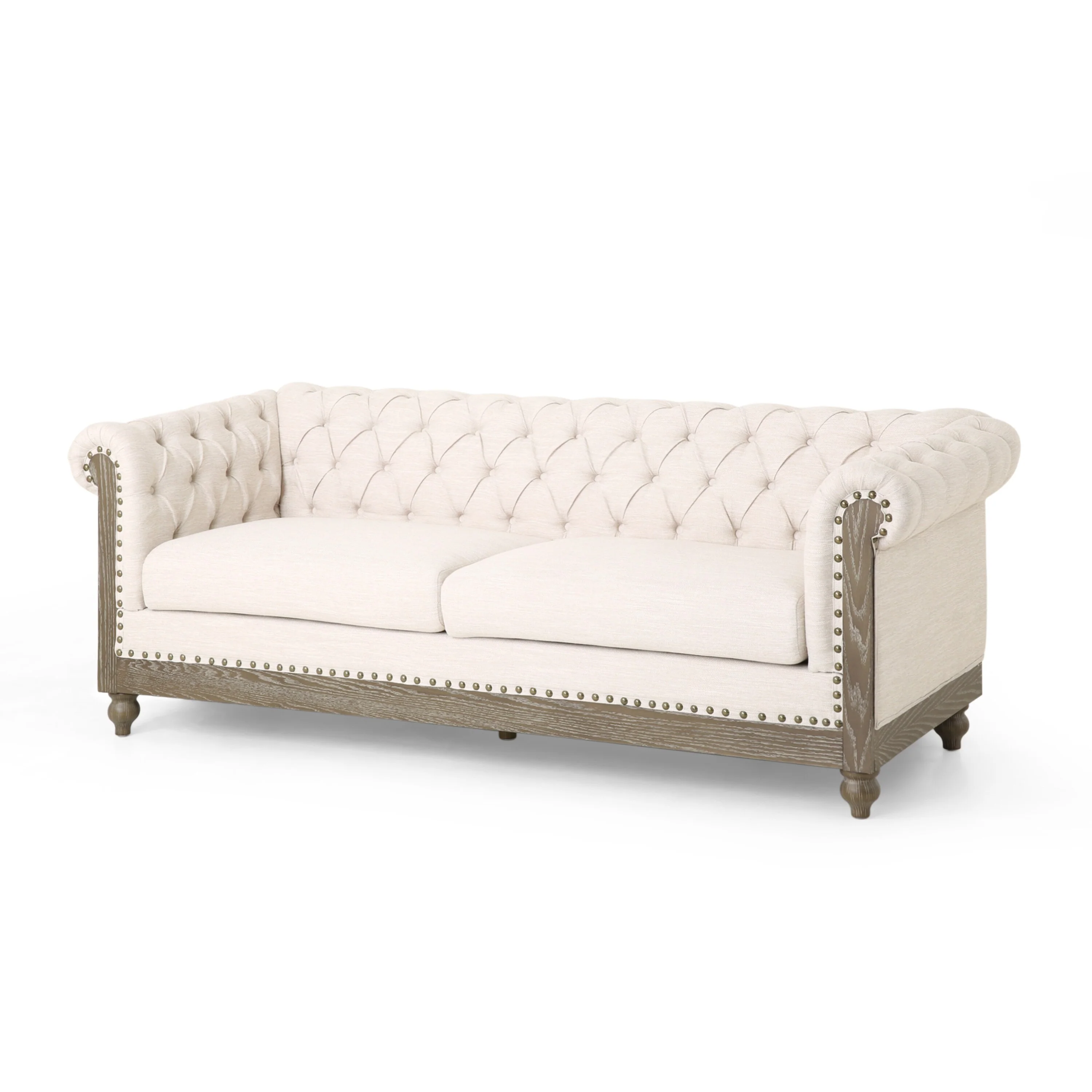 Beige 78.75'' PU Leather 3-Seater Sofa with Wooden Legs and Stylish Rivet Detailing