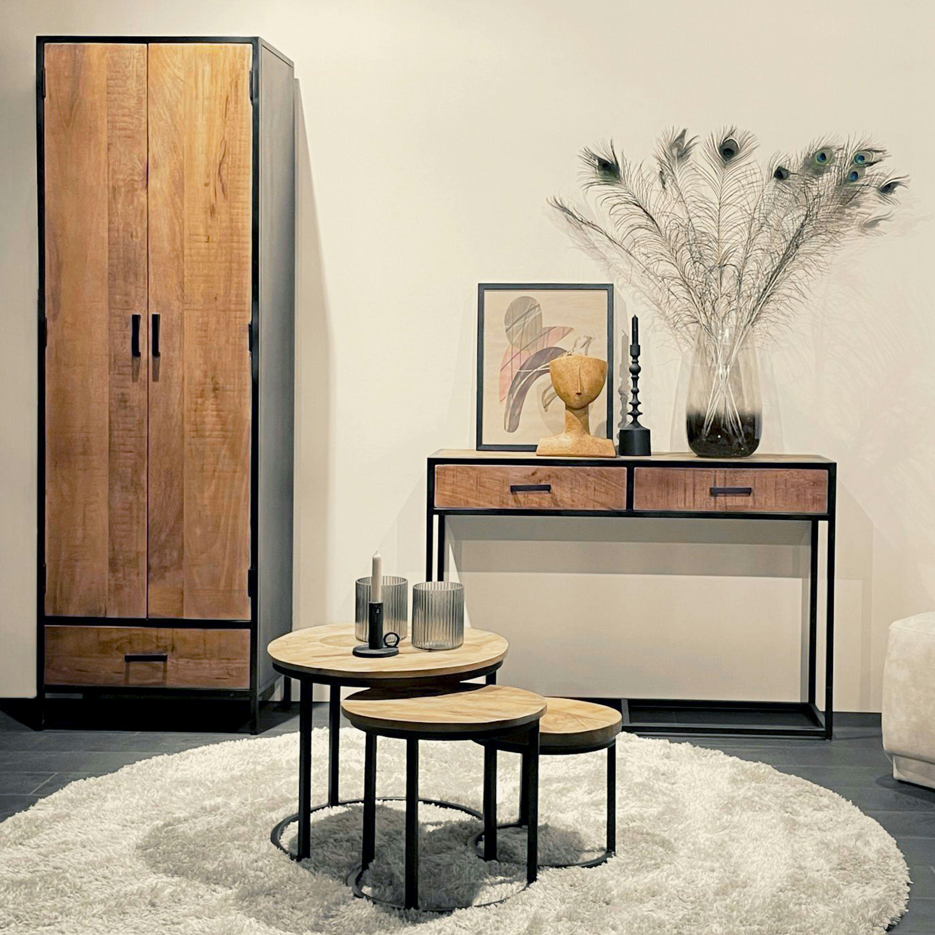 ANGLET - ANGLET-Rangement 2 portes 1 tiroir, bois de Manguier massif et métal