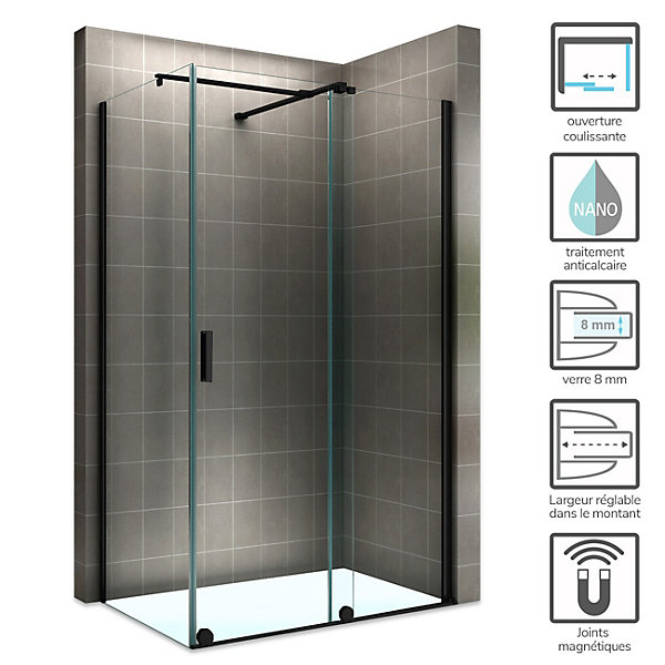 Paroi de douche d'angle NAPOLI-BLACK H.200 cm porte coulissante verre 8 mm transparent 80 x 130 cm (porte 130) - Saniverre