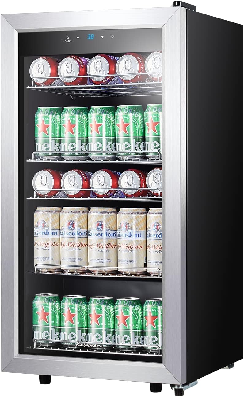 Kalamera Mini Beverage Fridge Refrigerator- 120 Cans Freestanding Drink Cooler - for Soda, Water, Beer or Wine with White LED Light
