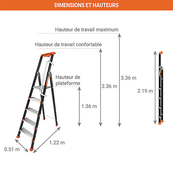 Escabeau pro 6 marches avec rampe - Hauteur max. de travail 3.36m - 2375816-MC