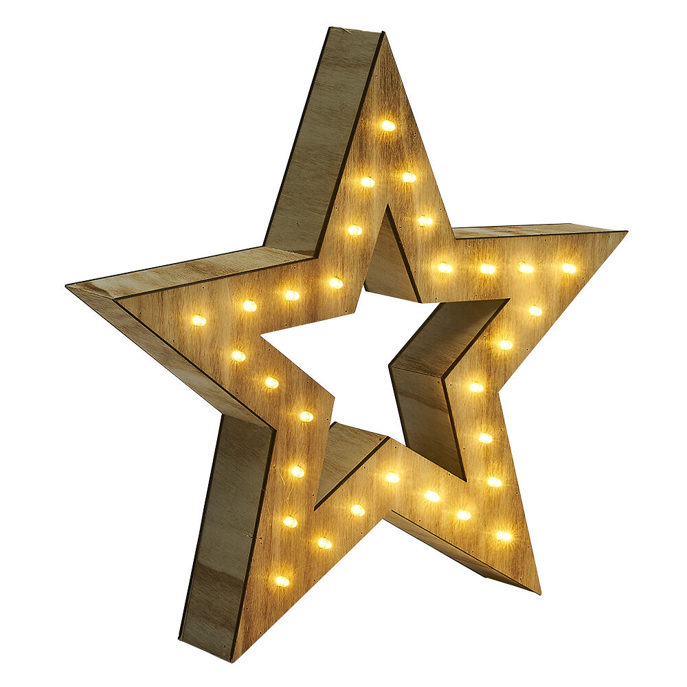 étoile lumineuse en bois 30LED blanc chaud H30 cm
