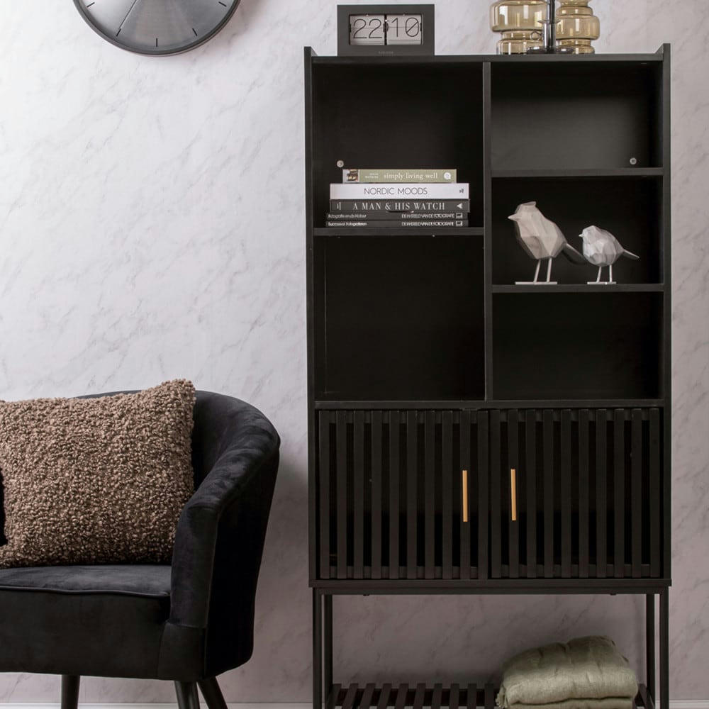 MARVE - Bibliothèque 5 étagères 2 portes en bois noir