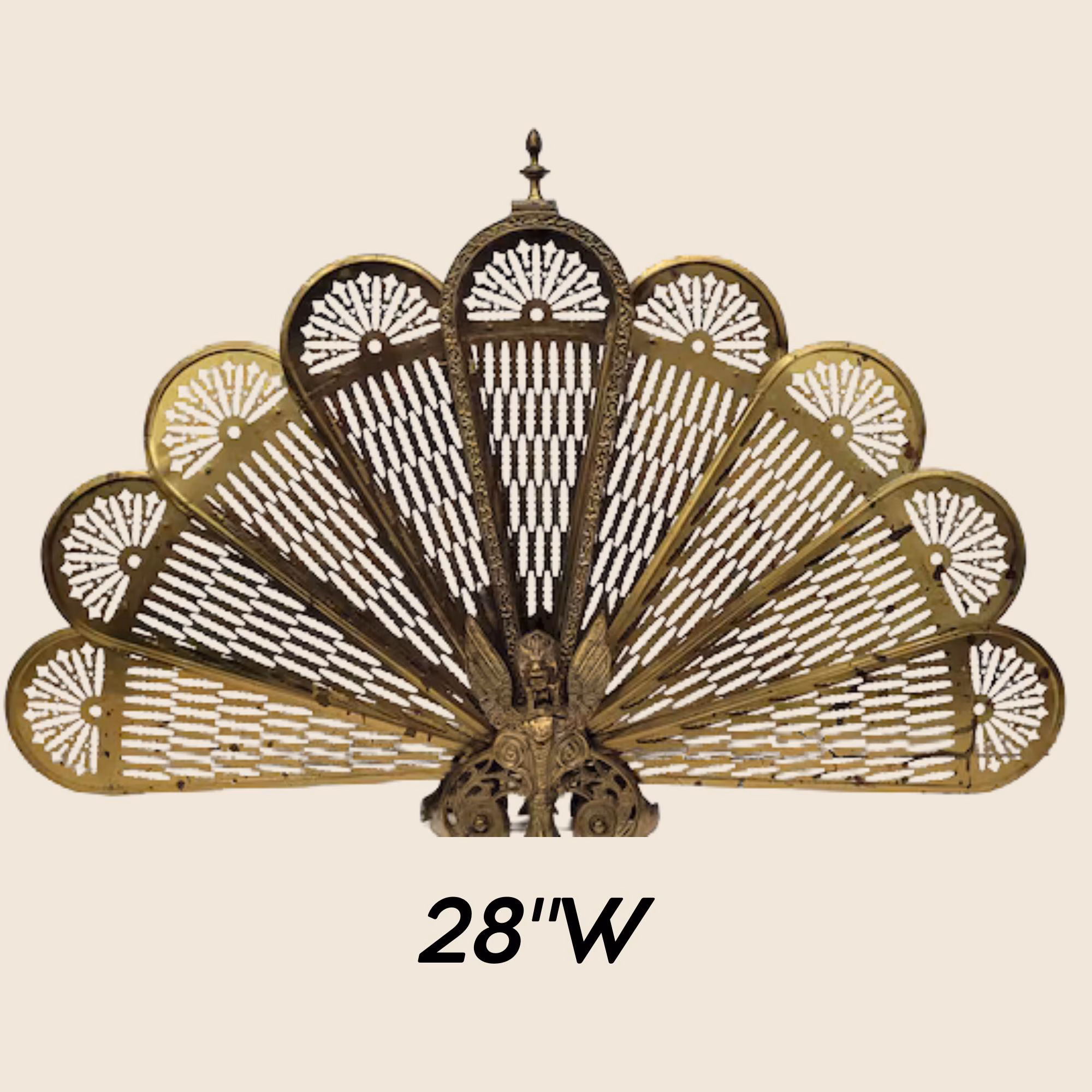 Brass Fireplace Screen Peacock Fan with Winged Dragon Gothic Decor Hollywood Regency