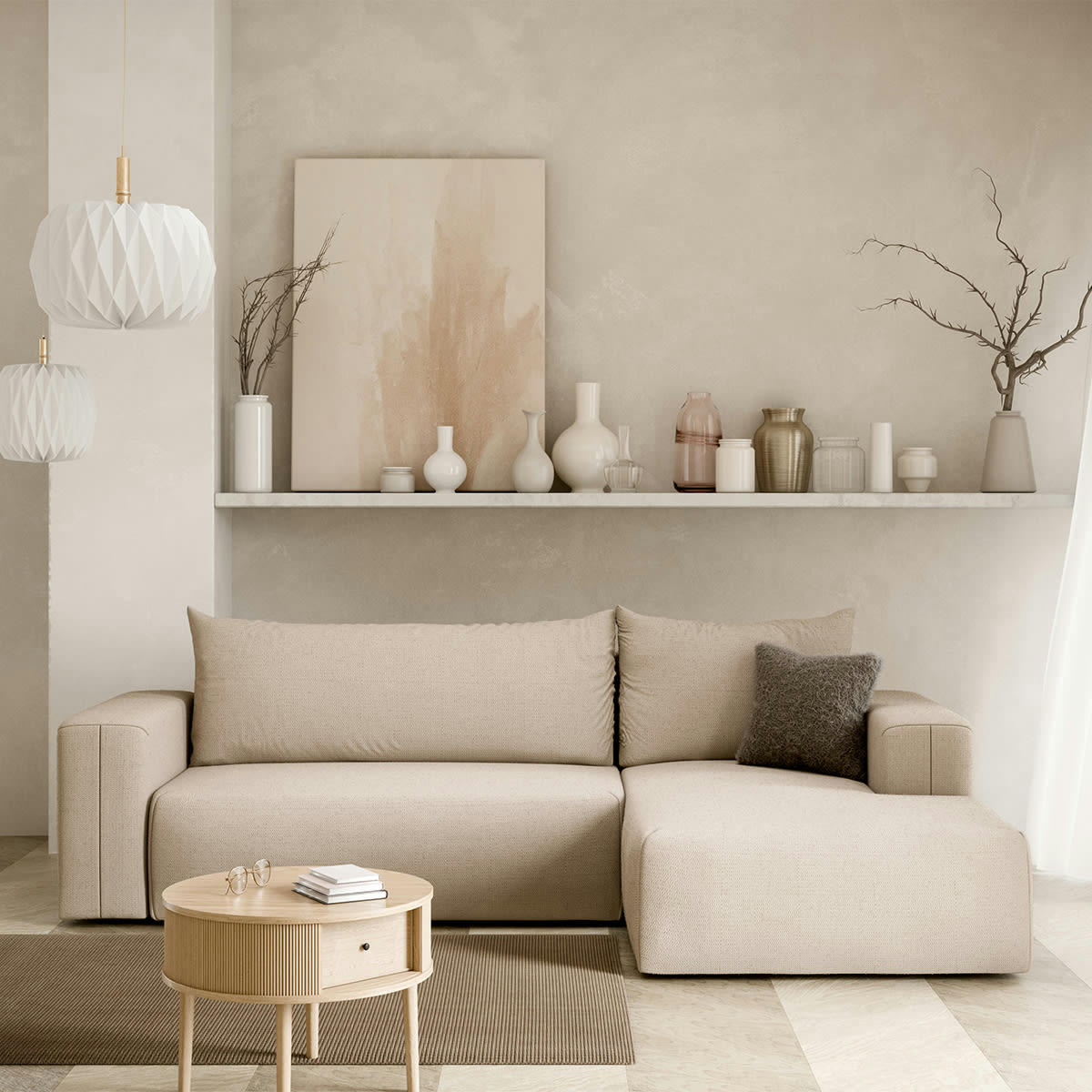 - Canapé d'angle convertible droite 3 places coffre beige