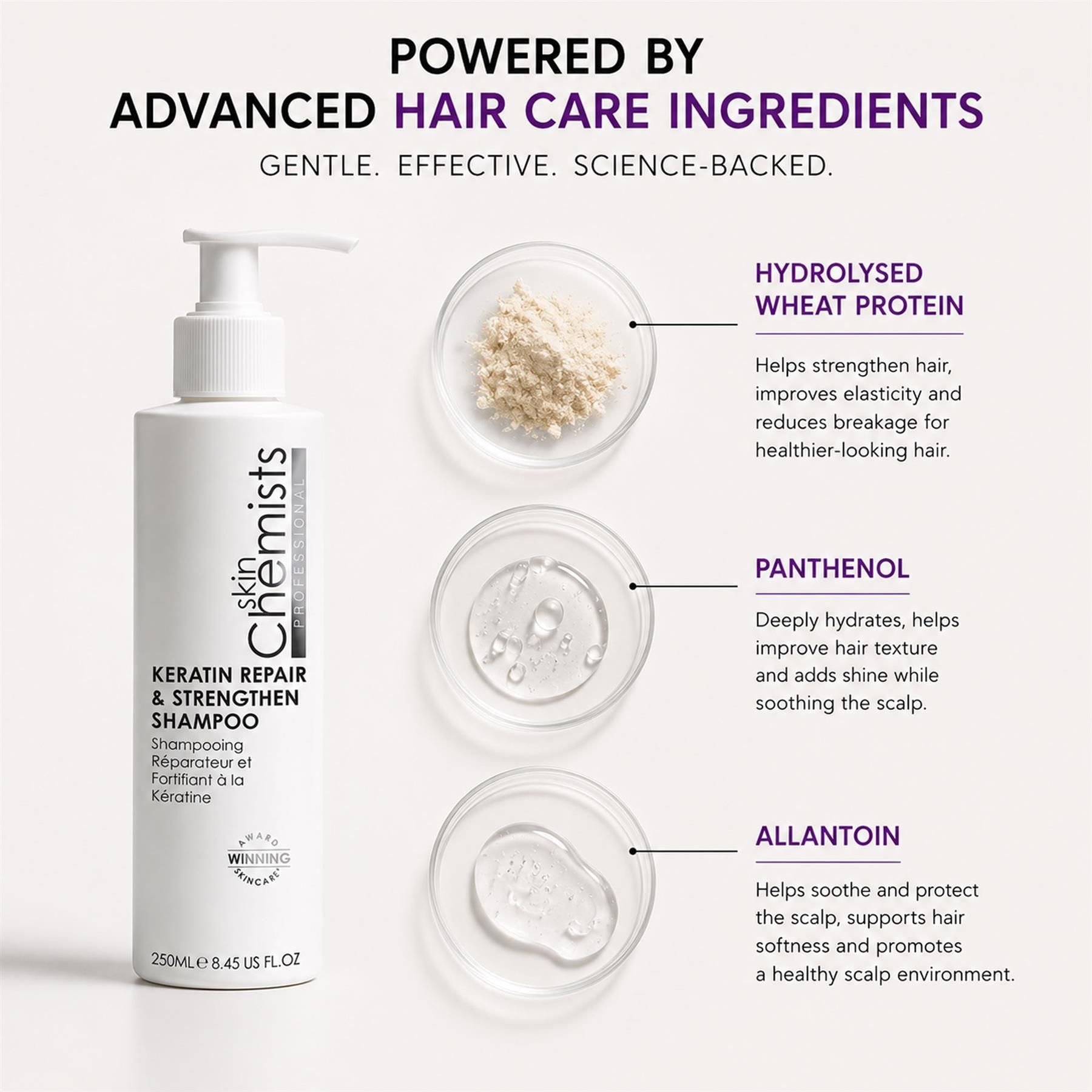 skinChemists professional Keratin Repair & Strengthen Shampoo 250ml for Hydration and Skin Texture