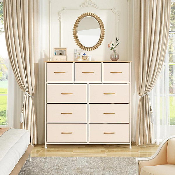 Commode 9 tiroirs en Tissu, Meuble de Rangement, pour Cuisine, Bureau, Couloir, Beige