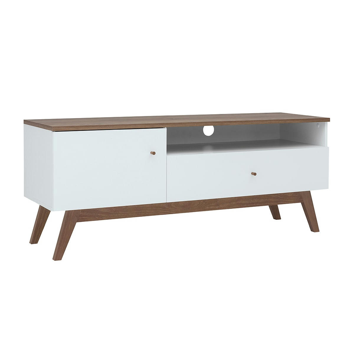 - Meuble tv 1 porte 1 tiroir 135 cm blanc et naturel