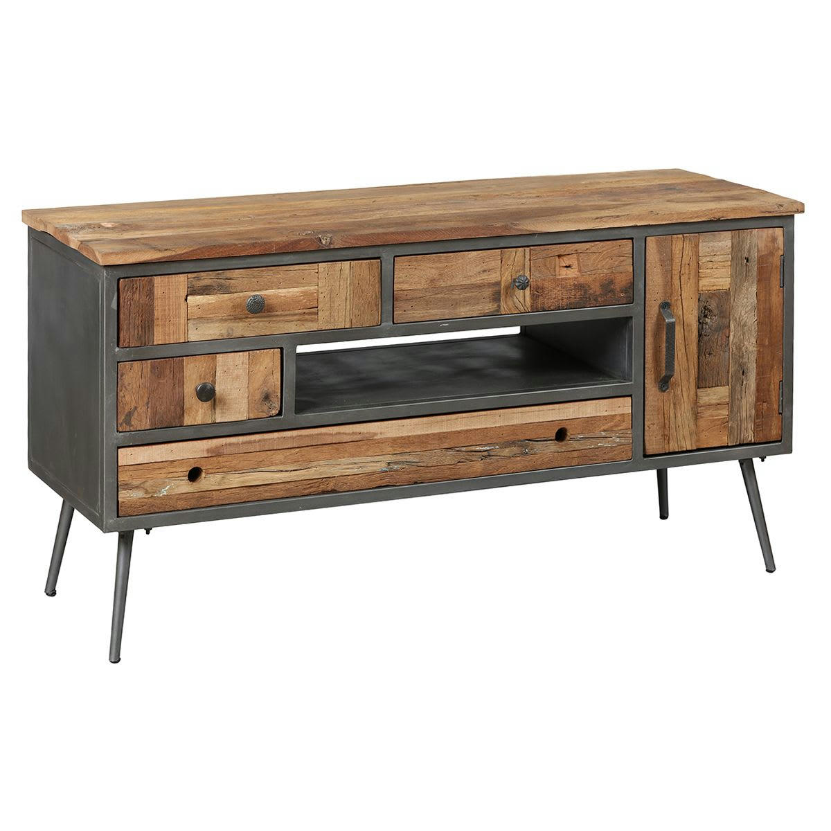 LEONARD - Meuble  tv 1p 4t acier et bois massif