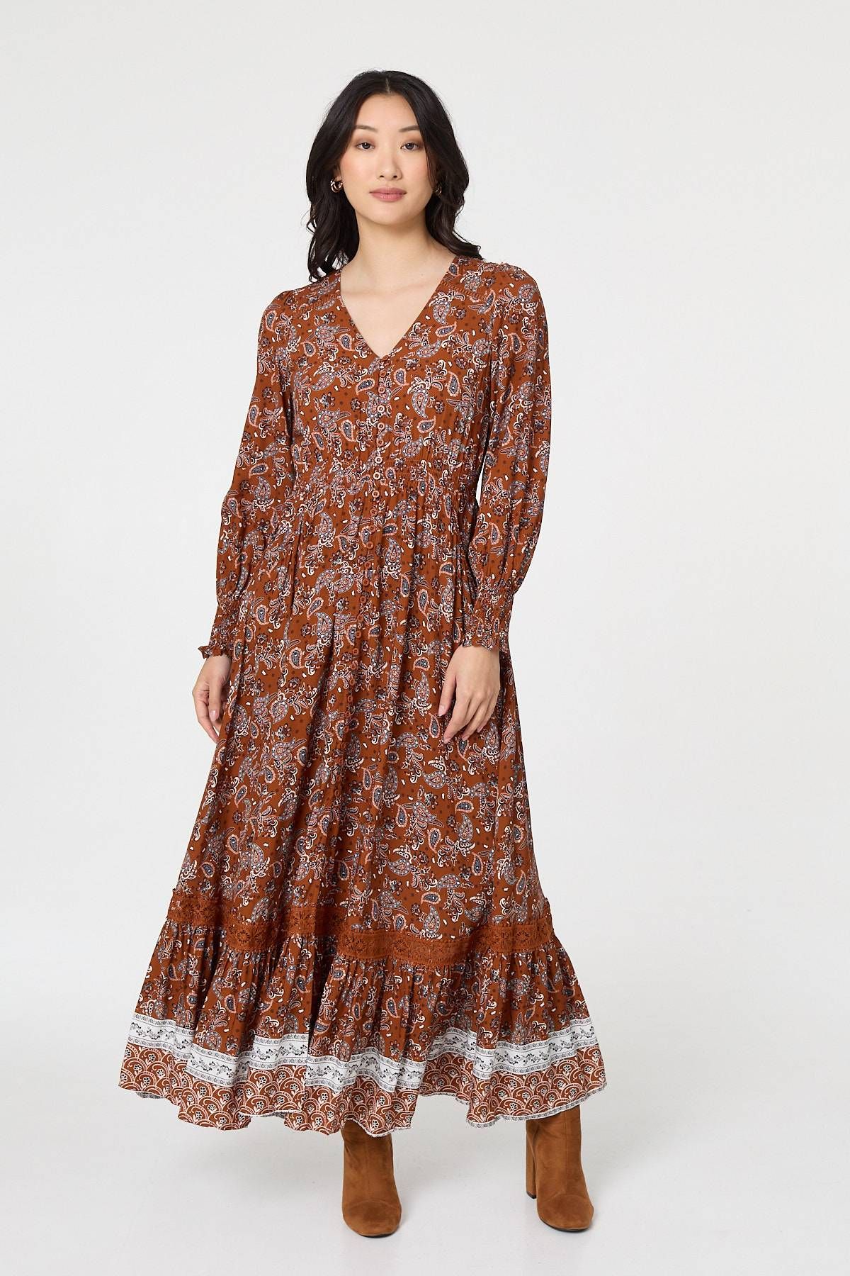 Izabel London Paisley Shirred Lace Trim Maxi Dress