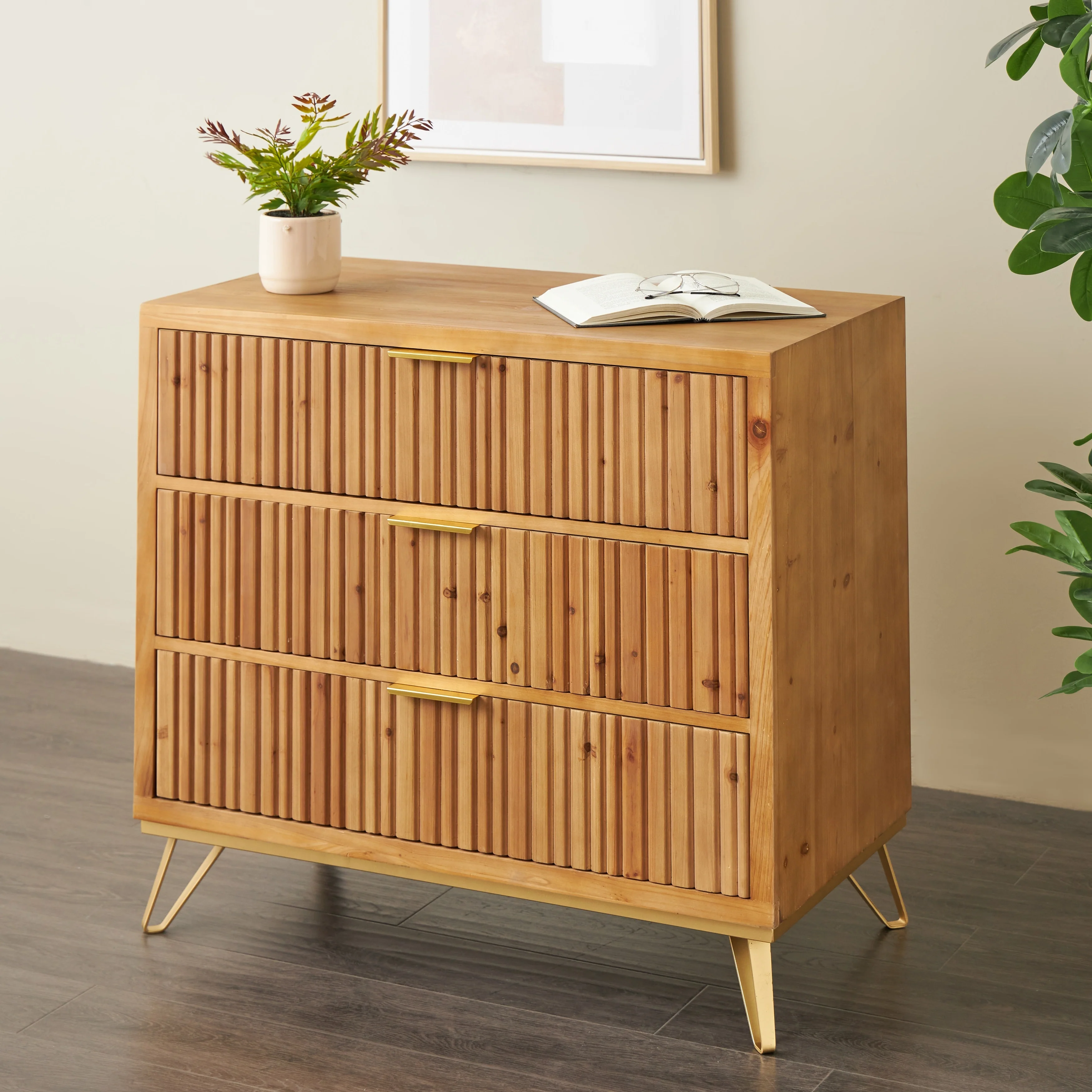 Wooden Ribbed 3 Drawers Room Cabinet with Gold Handles and Legs - Brown - Roche River Decor