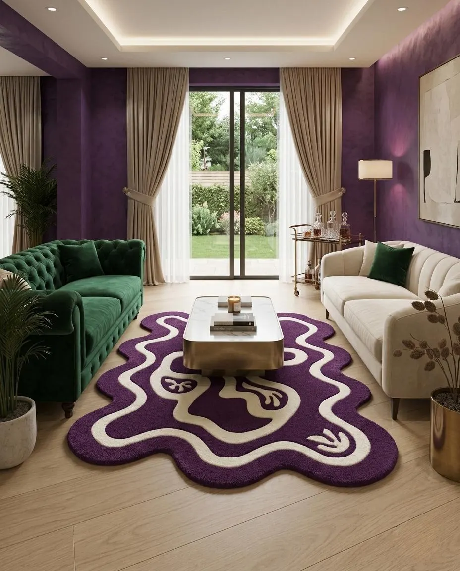 Modern Purple Abstract Rug, Wavy Ivory Area Rug, Contemporary Statement Rug, Artistic Decor, Living Room Bedroom Accent 5×7 6×9 8×11 Size