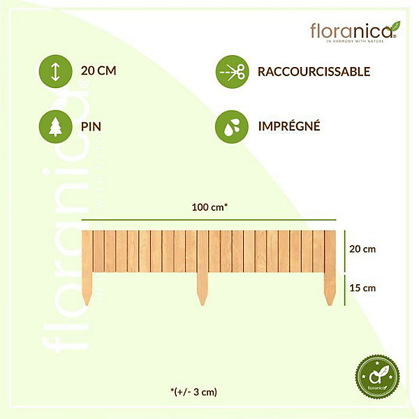 Floranica Bordure flexible de parterre Imprégnée 100 x 20 cm Nature (raccourcissable) Clôture en bois en pin Palissade Rollboarder