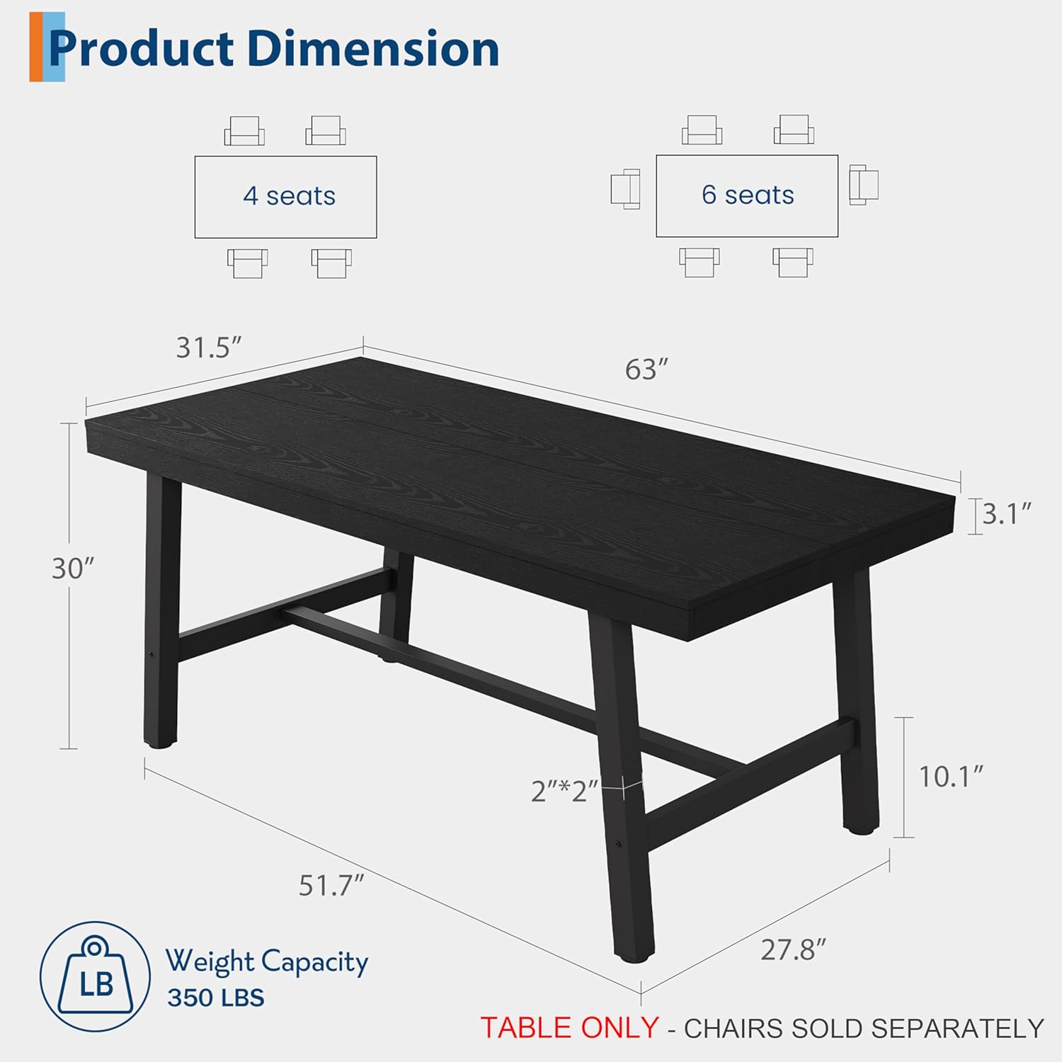 GarveeHome Industrial Dining Table for 4-6 People, 63 Long Large Kitchen Table with Sturdy Metal Frame, Rectangular Counter for Dinner, Kitchen, Dining Room (Black, 63 Non-extendable)