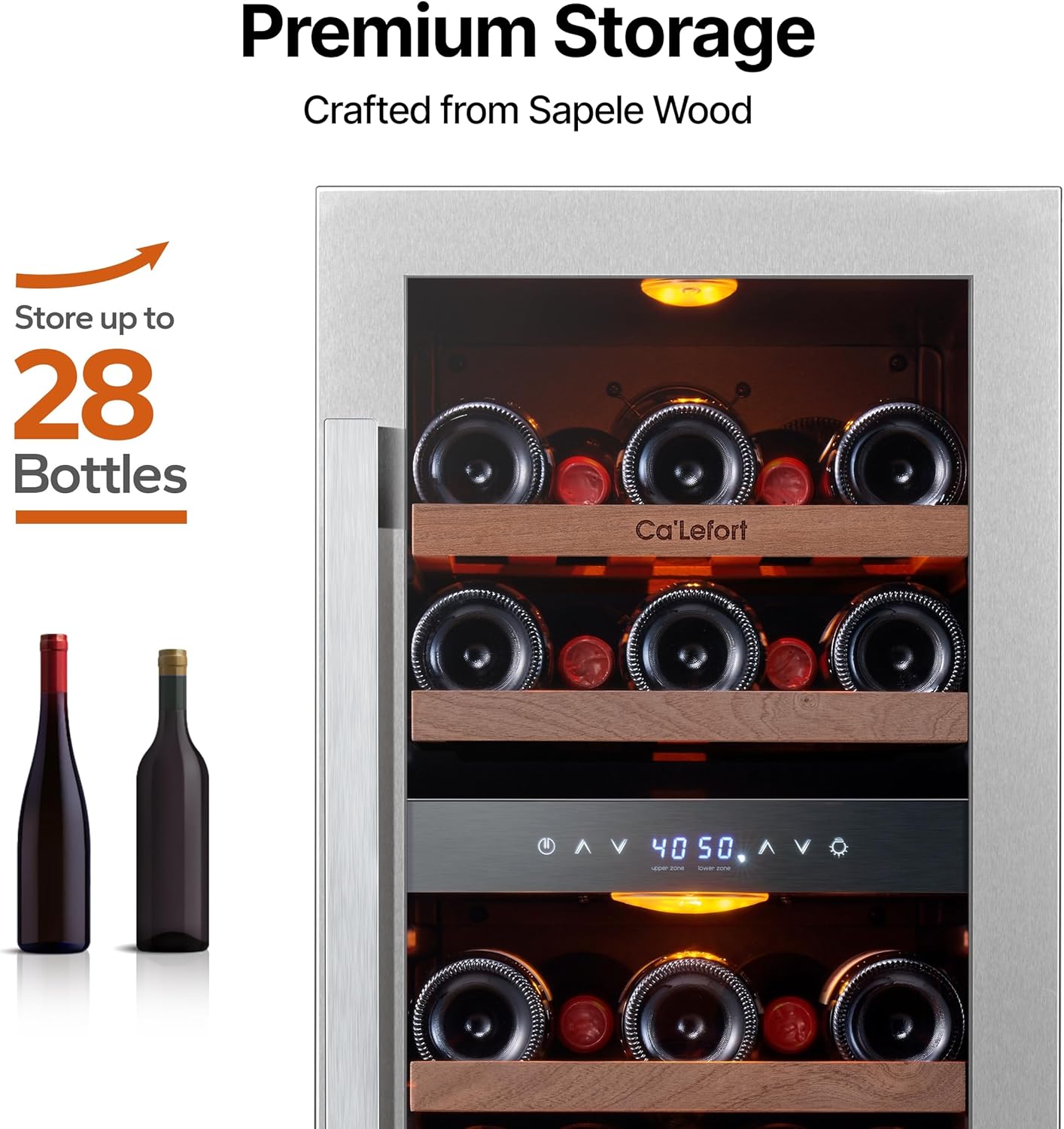 Ca'Lefort 15 Inch Wine Fridge, 28 Bottle Wine Cooler Refrigerator, 40-65°F Wine Refrigerator Glass Door, 3 LED Dual Zone Wine Fridge, Built-in or Freestanding Fridge for Home/Bar/Kitchen (3.0 cu.ft)