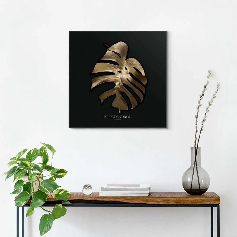Schilderij Monstera Blad - 50 x 50 - Goudkleurig