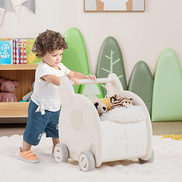 2 en 1 Trotteur Bébé Garçon Fille avec Coffre à Jouets, Chariot de Marche Bebe en HDPE, avec Espace de Rangement