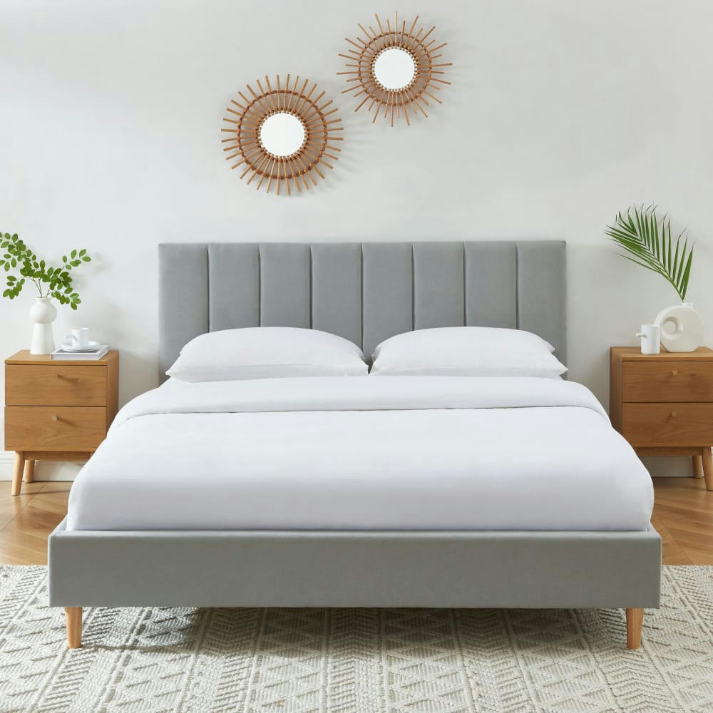 BILLIE - Lit matelassé en tissu 160x200cm gris perle