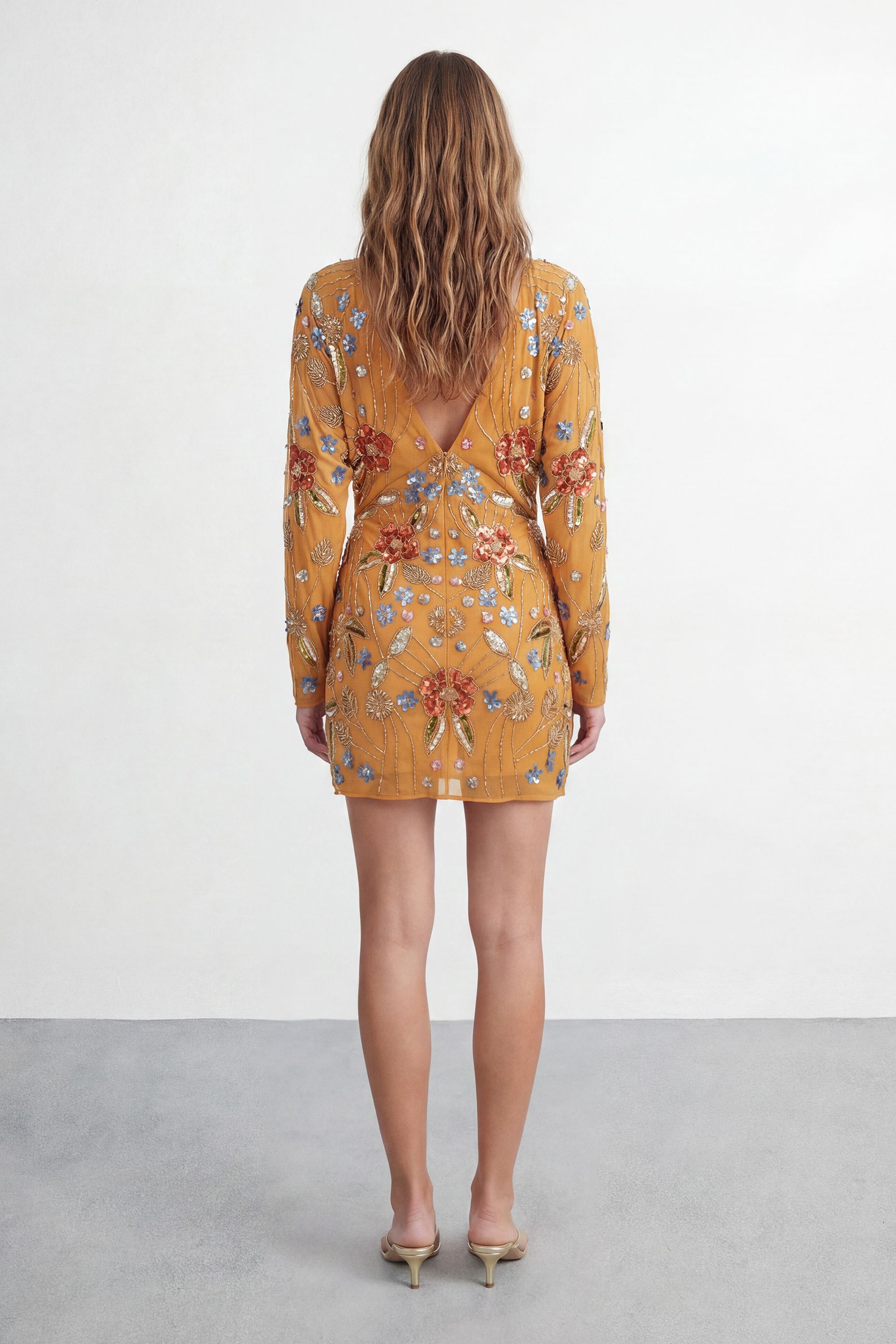 Warehouse Premium Hand Embellished Plunge Mini Dress with Kimono Sleeve