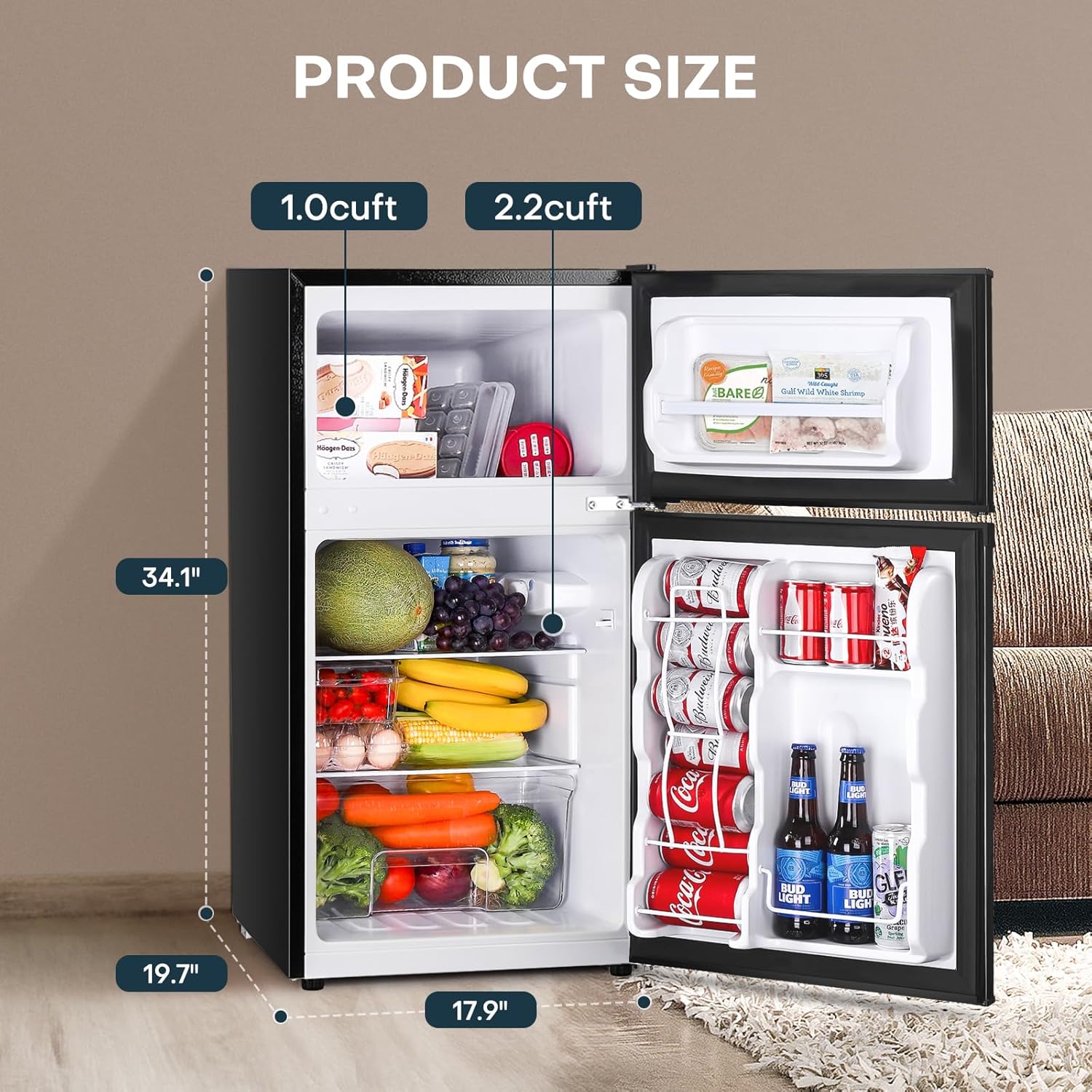 Upstreman 3.2 Cu.Ft Mini Fridge with Freezer, Double Door Mini Fridge, Adjustable Thermostat, Mini Refrigerator for Dorm, Office, Bedroom, Stainless-SD321