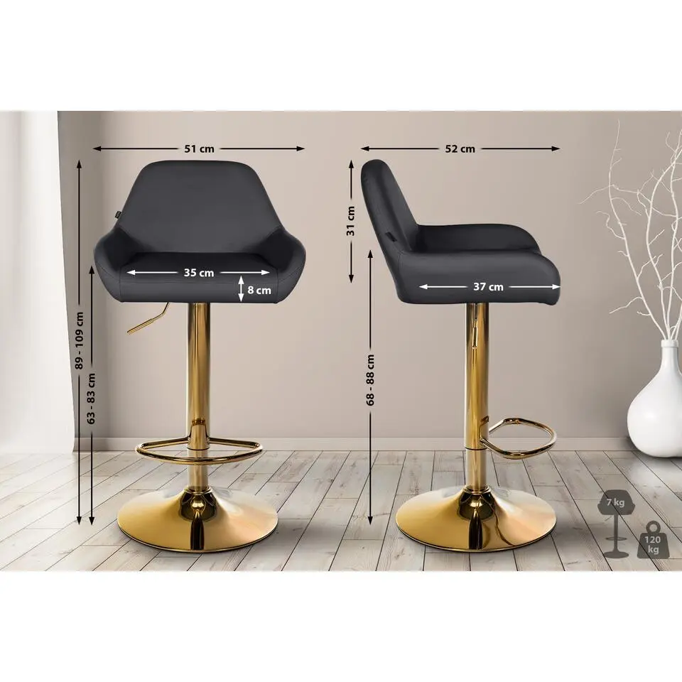 CLP Set van 2 Barkruk Braga goud Frame - Kunstleer - zwart