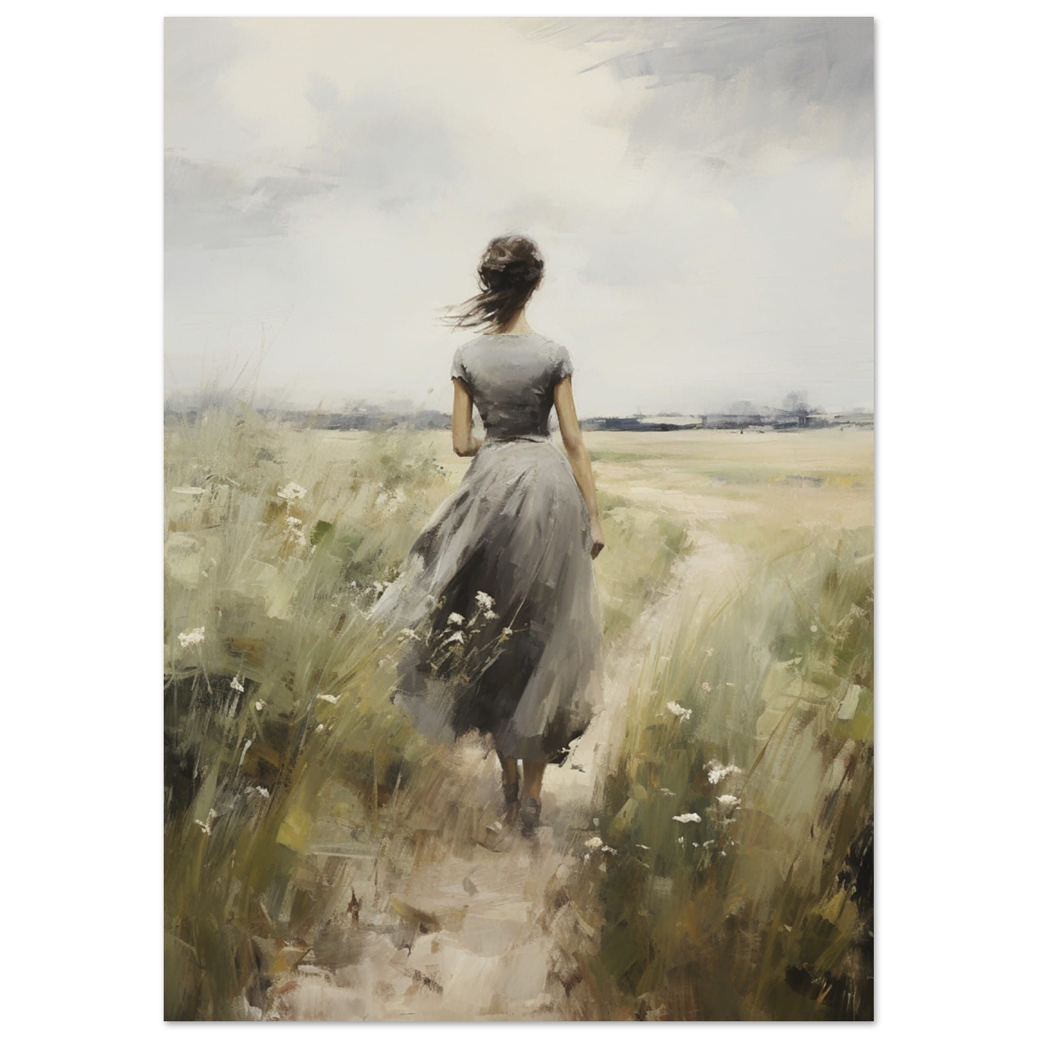 Artfulprints Poster Woman in flowerfield  - A4 21x29.7 cm - Groen