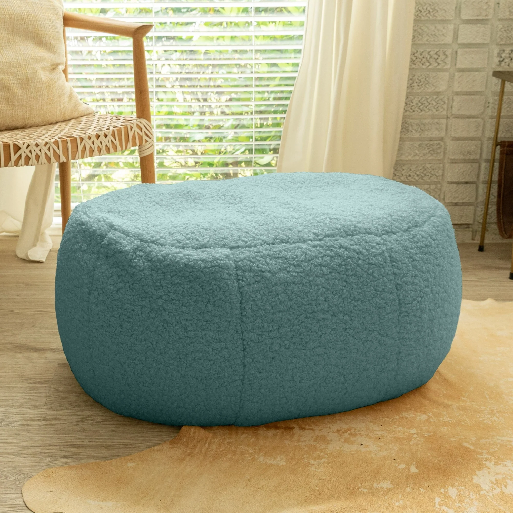 Oval Faux Shearling Pouf Ottoman - 32” - Green