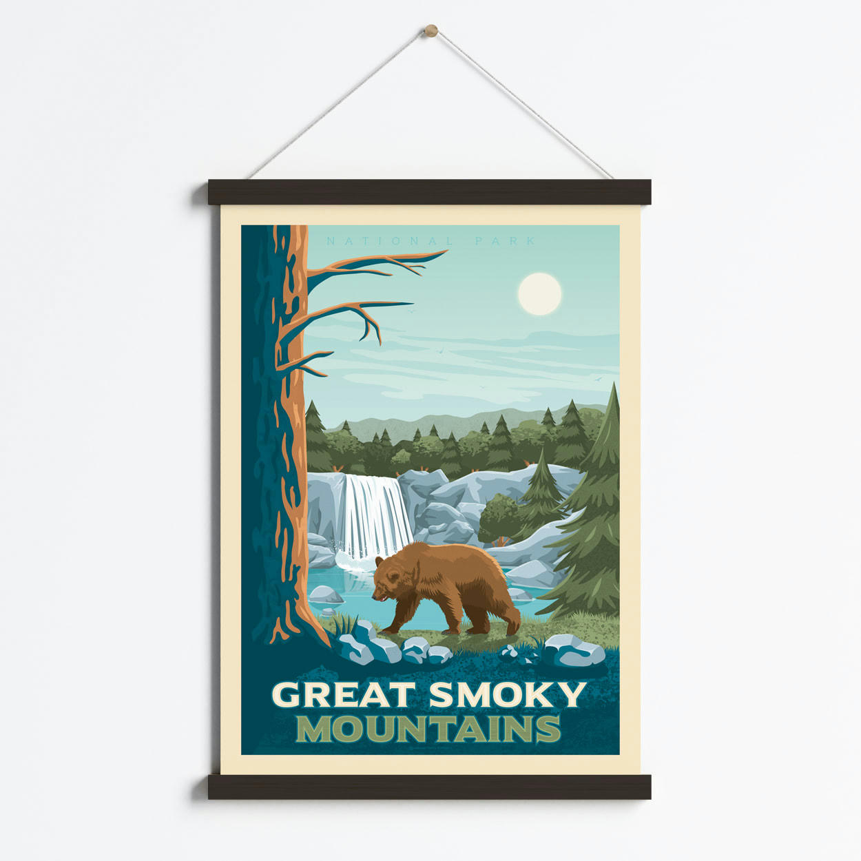 - Affiche Great Smoky Mountains + Cadre Magnétique (Bois Noir) 50x70 cm